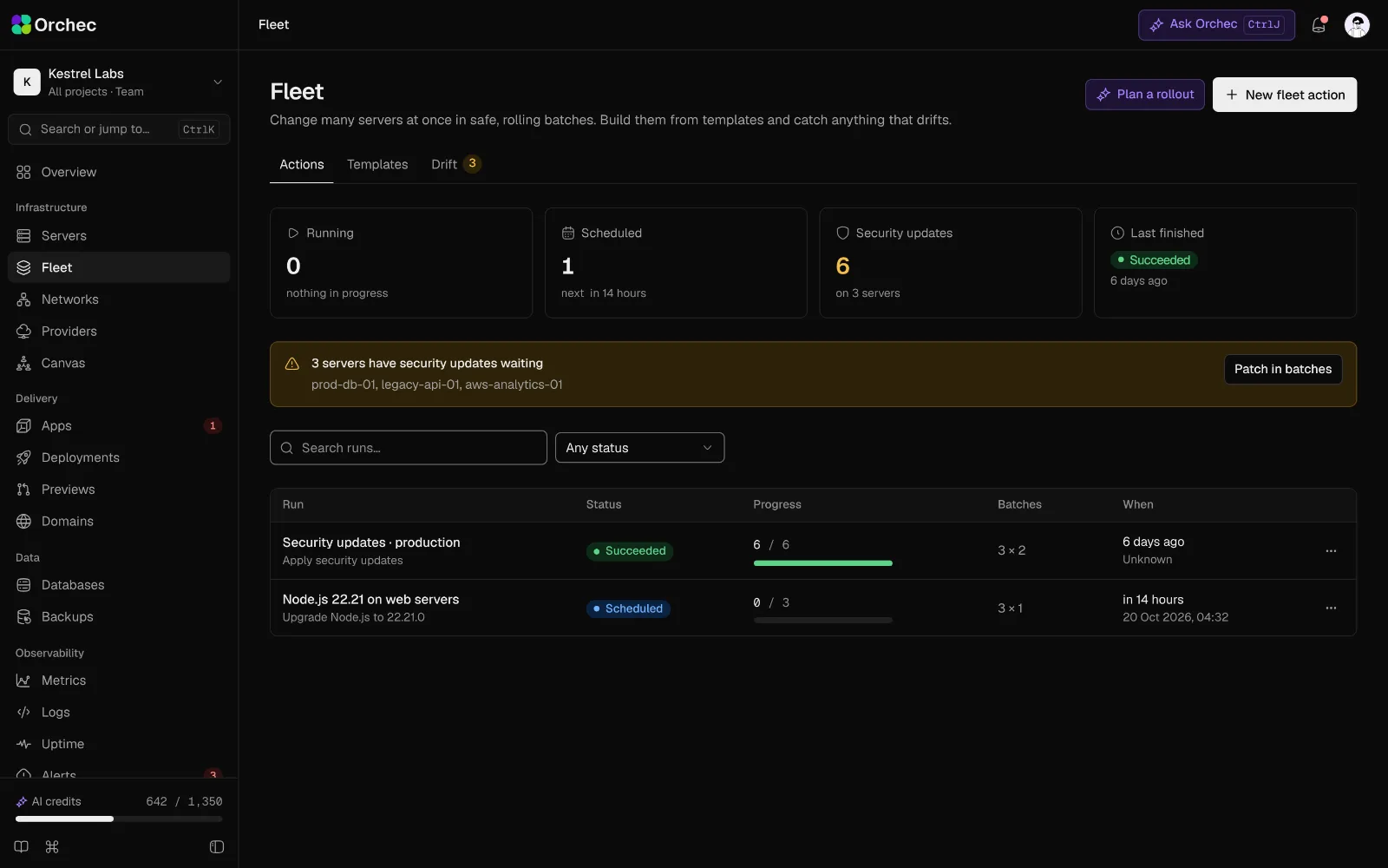 Every server in the fleet with provider, region, OS, agent version and health.